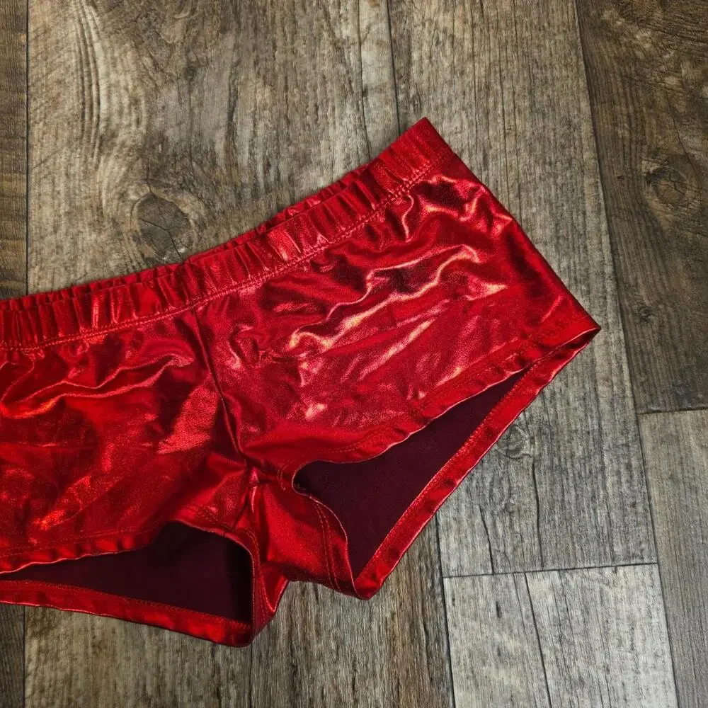 Y2K Red Metallic Booty Mirco Shorts Low Rise Size Large Rave Club 2000s - Picture 2 of 7